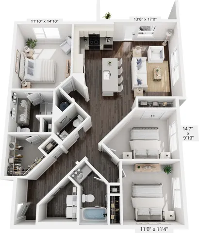 Chic 3D floor plan showcasing a modern apartment layout with two spacious bedrooms, two luxurious bathrooms, open-concept living and dining area, and a stylish kitchen with island seating.