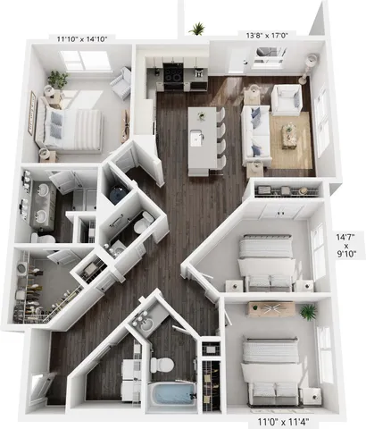 Modern 2D floor plan showcasing 3 bedrooms, a sleek open-concept kitchen with an island, and a cozy living area, perfect for stylish urban living.