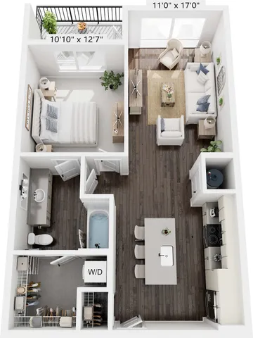 Modern 3D floor plan showcasing a cozy bedroom, stylish living room, and open kitchen layout with island seating.