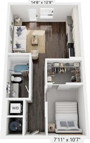 Chic 1-bedroom apartment floor plan featuring a cozy living area, modern kitchen, spacious bathroom, and convenient walk-in closet. Includes washer/dryer setup for enhanced urban living.