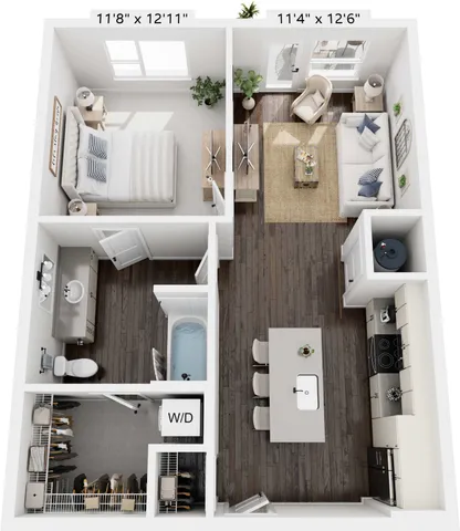 Chic 3D floor plan showcasing a spacious 1-bedroom apartment with modern open-concept living area and sleek kitchen design.