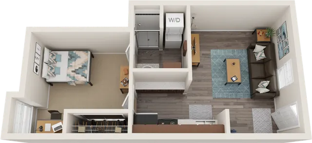 Modern 2D floor plan featuring a spacious bedroom, sleek kitchen with a counter, cozy living area, dedicated study nook, and efficient in-unit washer and dryer.
