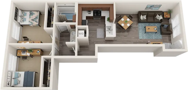 Contemporary 3-bedroom floor plan with an inviting open-concept living area, modern kitchen, and cozy living room.