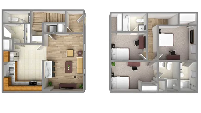Modern 3D floor plan featuring a spacious two-story layout with a cozy living room, functional kitchen, and three bedrooms upstairs.