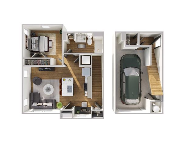 Modern floor plan showcasing a cozy one-bedroom apartment with an open-concept kitchen and living area, stylish bathroom, and a convenient attached garage with interior stairs.