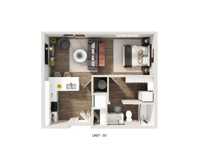 Modern studio floor plan showcasing open-concept living and kitchen area, cozy bedroom space, and elegant bathroom in Unit S1.