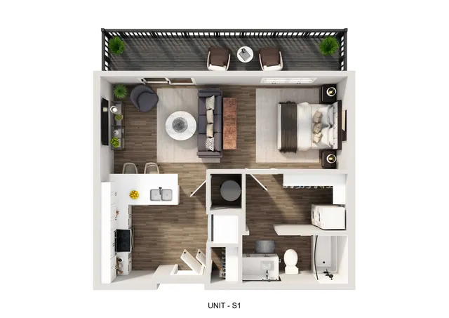 Chic studio floor plan featuring an open living area, modern kitchen, cozy bedroom space, and private balcony.