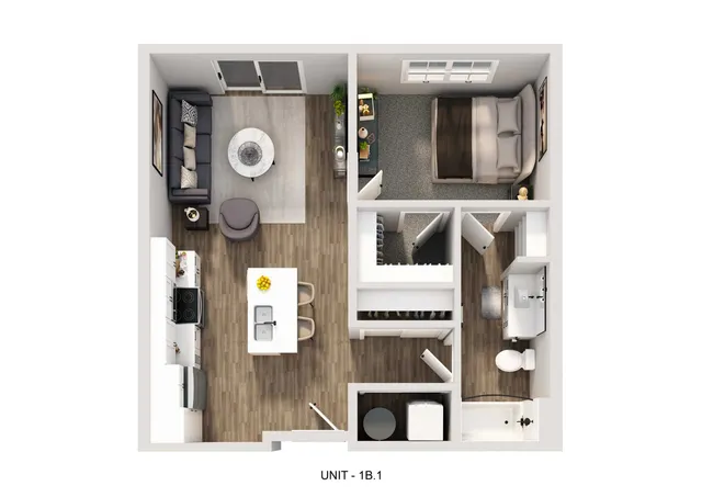 Chic 3D floor plan of a modern unit showcasing a cozy bedroom, stylish living area, open kitchen with island, and a sleek bathroom.