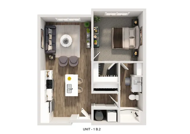 Modern 1-bedroom apartment floor plan with open-concept kitchen and living area, stylish bathroom, and elegant furnishings.