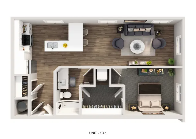 Modern apartment floor plan featuring a spacious one-bedroom, open-concept kitchen with island seating, cozy living area, and stylish bathroom with ample storage.