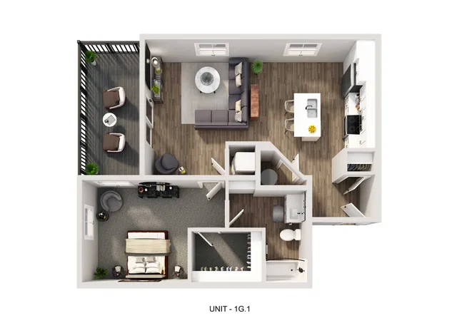 Modern open-concept floor plan with spacious living room, sleek kitchen island, cozy bedroom, and inviting balcony space in Unit 1G.1.