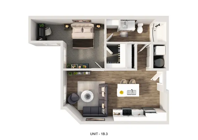 Modern 1B floor plan featuring a cozy bedroom, spacious living area, open kitchen with island, and sleek bathroom.