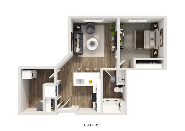 Modern 3D floor plan for Unit 1C.1 featuring a cozy bedroom, integrated living-dining area, stylish kitchen, and compact bathroom.