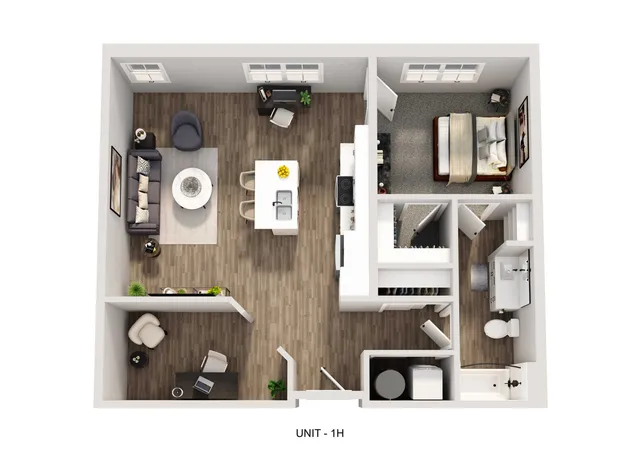 Modern 3D floor plan of UNIT 1H showcasing a cozy bedroom, an inviting open-concept living area, and a contemporary kitchen.