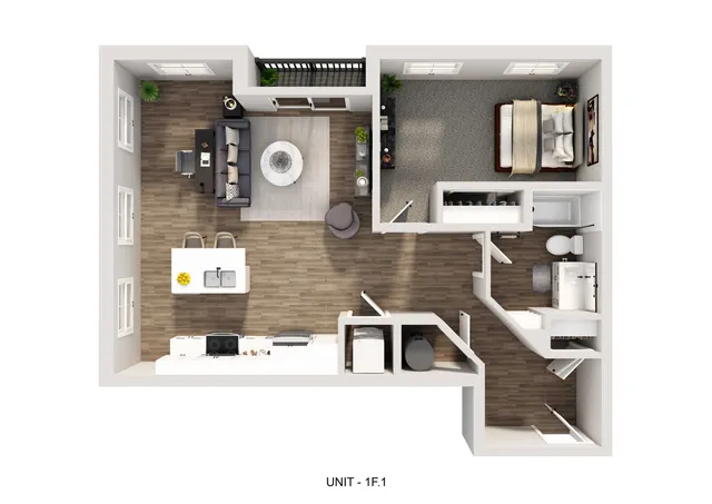 Modern 3D floor plan featuring a cozy one-bedroom layout with an open-concept living and kitchen area, stylish bathroom, and ample natural light.