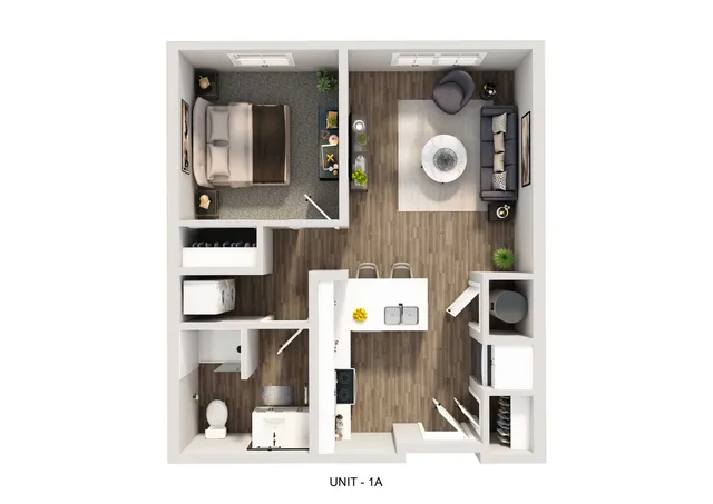 Modern 1-bedroom apartment floor plan featuring an open living area, sleek kitchen, and cozy bedroom with en-suite bathroom.