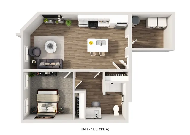 Modern 1-bedroom floor plan, showcasing an open-concept living area with a sleek kitchen, cozy living room, spacious bathroom, and in-unit laundry for ultimate convenience.