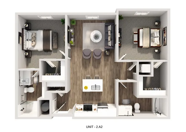 Chic 2D floor plan showcasing 2 spacious bedrooms, elegant open-concept living room, and modern kitchen with island seating in Unit 2.A2.