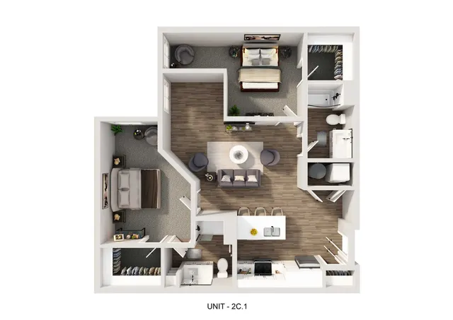 Modern floor plan showcasing a spacious 2-bedroom unit with an open-concept living area, sleek kitchen, and elegant bathrooms.