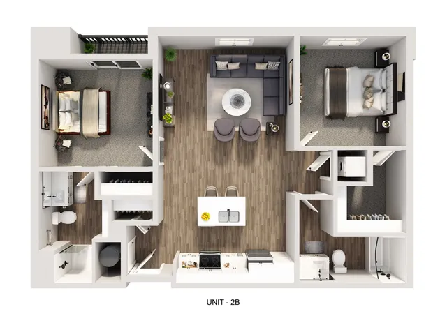 Modern 3D floor plan of Unit 2B showcasing 2 bedrooms, elegant open living area, and sleek kitchen with island seating.