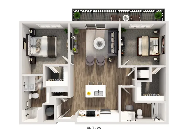 Inviting floor plan of Unit 2A showcasing two cozy bedrooms, modern kitchen, stylish open-concept living area, and private balcony for relaxation.