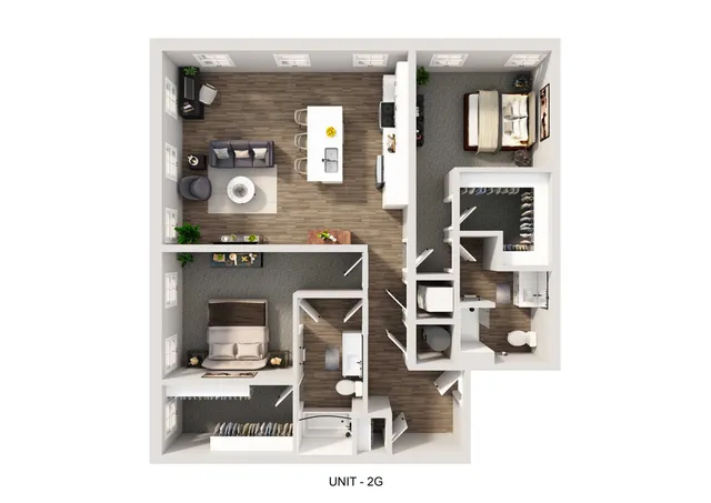 Contemporary 3D floor plan of Unit 2G featuring two bedrooms, an open living space with stylish furniture, modern kitchen, and two bathrooms.