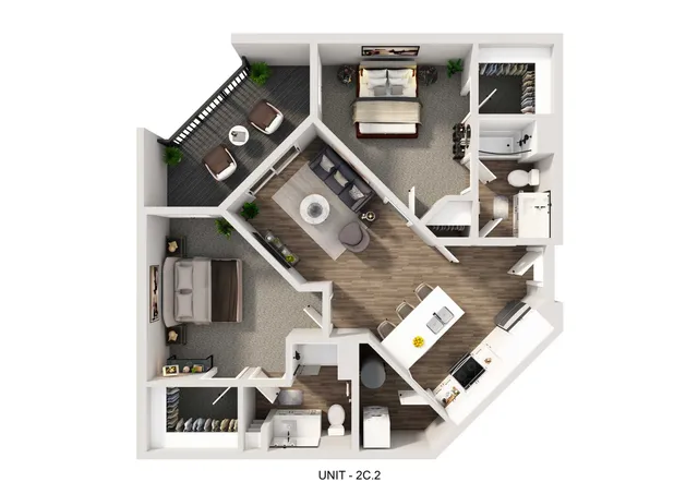 Chic 3D floor plan of Unit 2C.2 highlighting two elegant bedrooms, modern open kitchen, cozy living area, and stylish balcony perfect for relaxation.