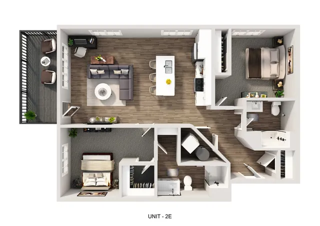 Modern 3D floor plan of Unit 2E featuring 2 spacious bedrooms, a stylish open-concept living area, a contemporary kitchen with island seating, and a private balcony.