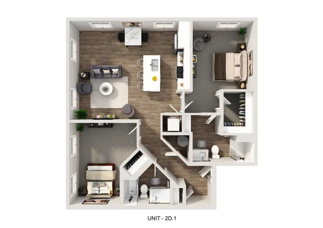 Modern 2D floor plan featuring 2 bedrooms, open-concept living room, and a sleek kitchen with island seating.