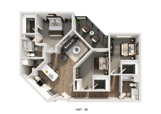 Chic Unit 3B floor plan with 3 cozy bedrooms, an inviting living room, modern kitchen, and a relaxing balcony.