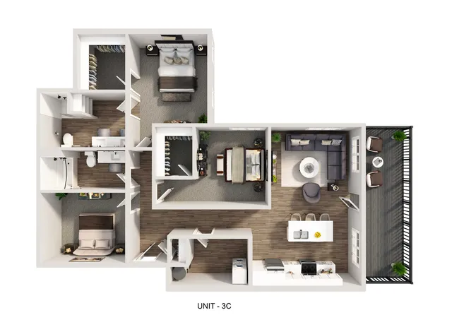 Modern floor plan for Unit 3C featuring 3 bedrooms, an open kitchen with an island, a cozy living room, and a private balcony with elegant seating.