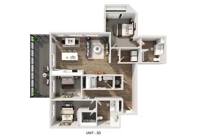 Modern 3D floor plan showcasing a spacious unit with three bedrooms, a stylish open-concept living area, and a private balcony ideal for relaxation.