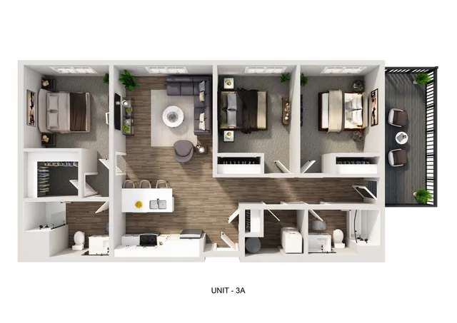 Modern floor plan for Unit 3A featuring 3 bedrooms, a spacious open-concept living area, sleek kitchen with an island, and an inviting balcony.