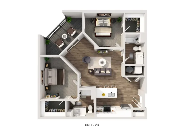 Modern 2C unit floor plan with two elegant bedrooms, open living area, and a sleek kitchen. Features a cozy balcony, two stylish bathrooms, and ample closet space.