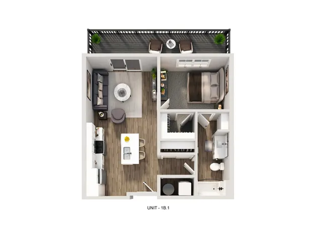 Bright and modern floor plan showcasing a cozy living room, a sleek kitchen with island seating, one bedroom, and a private balcony space.