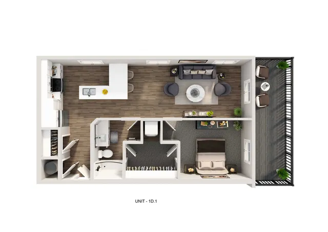 Modern floor plan showcasing a chic 1-bedroom unit with an open-concept kitchen and living area, elegant bathroom, and expansive balcony.