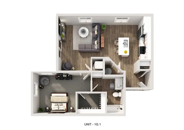 Contemporary 3D floor plan of Unit 1G.1 featuring an open living area, modern kitchen with island, cozy bedroom, and a well-appointed bathroom.