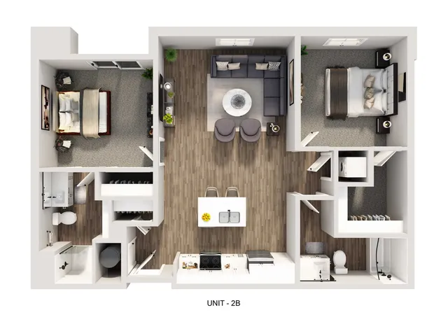 Elegant 3D floor plan for Unit 2B showcasing 2 bedrooms, a modern kitchen, and an inviting open-concept living area with stylish furnishings.