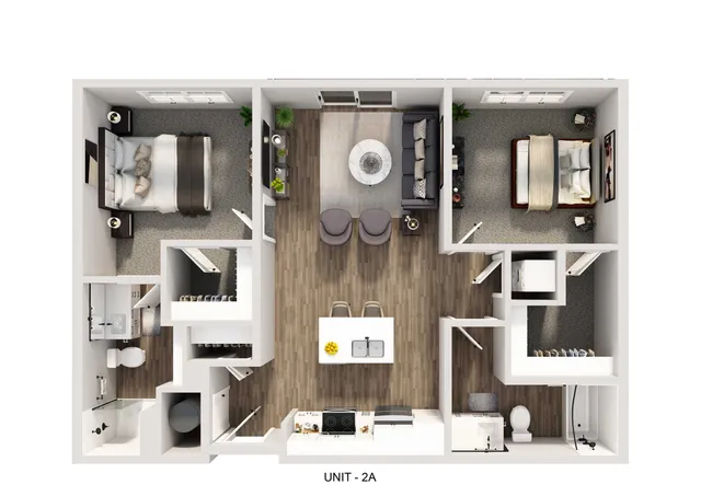 Modern 2D floor plan of Unit 2A with 2 spacious bedrooms, a stylish open-concept living area, and a sleek kitchen with an island.