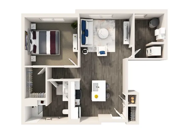 Chic apartment floor plan with a cozy bedroom, open-concept living and dining area, sleek kitchen, modern bathroom, and convenient laundry space.