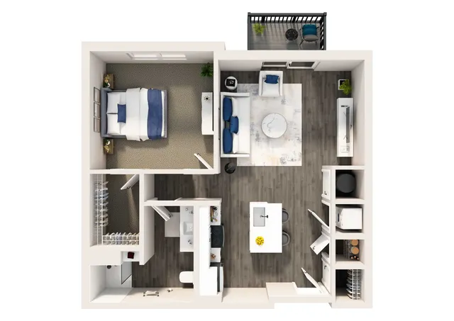 Modern 2D apartment floor plan showcasing a cozy bedroom, stylish open living area, a chic kitchen with island, and a small balcony.