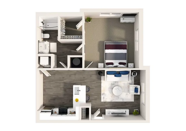 Chic 3D floor plan with a modern open-concept living area, spacious bedroom, and stylish kitchen. Features include a sleek bathroom and cozy living space, ideal for contemporary urban living.
