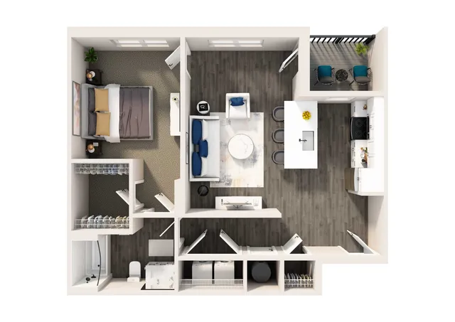 Modern 1-bedroom apartment floor plan featuring an open-concept living area, stylish kitchen with island, cozy bedroom, and a private balcony.