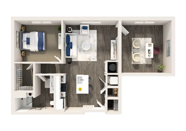 Elegant 3D floor plan showcasing a modern one-bedroom apartment with open-concept living and dining area, efficient kitchen, and stylish bathroom.