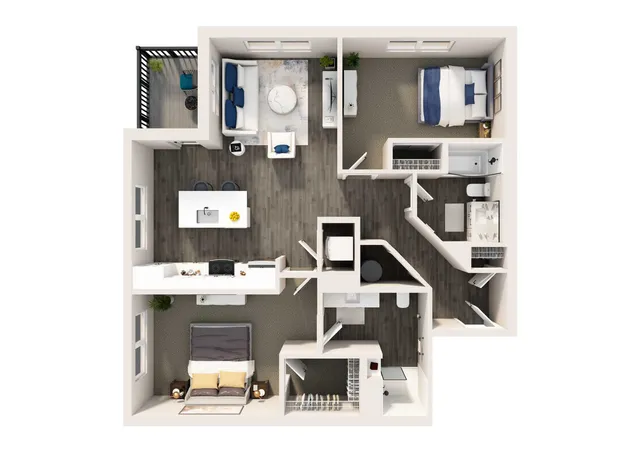Modern apartment floor plan showcasing 2 bedrooms, a bright open-concept living area, stylish kitchen, and private balcony.
