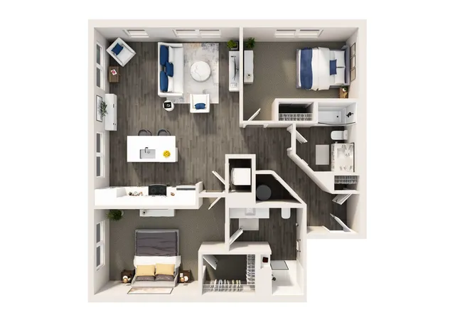 Modern 2D floor plan featuring two cozy bedrooms, a spacious open-concept living area, and a functional kitchen, ideal for stylish urban living.