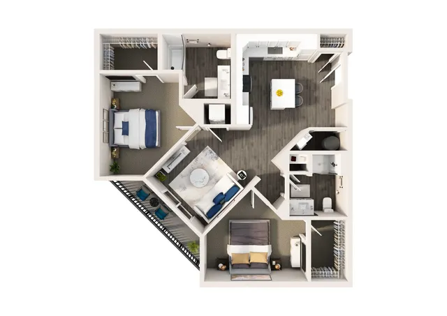 Modern 2D floor plan of a stylish apartment featuring two bedrooms, a contemporary open-concept kitchen and dining area, spacious living room, and dual bathrooms with sleek finishes.