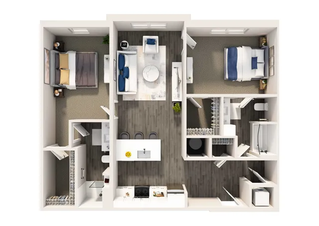Modern 2D floor plan featuring two spacious bedrooms, an elegant open-concept kitchen with central island, and a cozy living area, offering contemporary comfort.