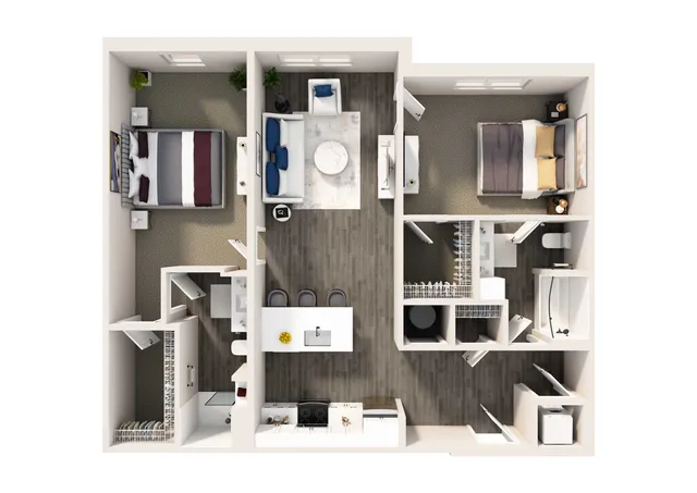 Modern 2D floor plan showcasing 2 bedrooms, open living space, sleek kitchen with island, and stylish bathrooms. Perfect for contemporary living.