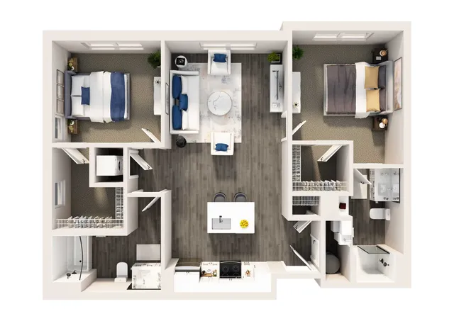 Modern 2D floor plan showcasing 2 spacious bedrooms, open-concept living area, and sleek kitchen with breakfast bar.